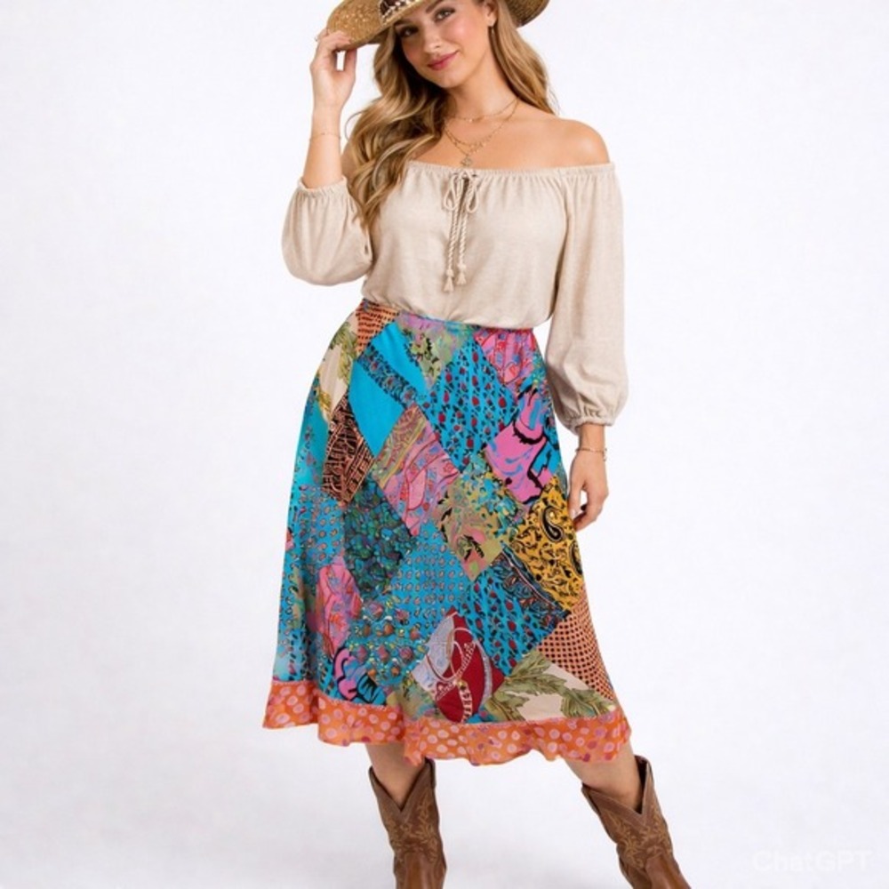 Vtg Patchwork Midi Skirt 8 Floral Boho Hippie Romantic‎ Fairy Ruffle Made in USA